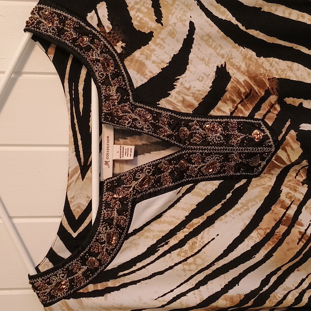 Woman's JM Collection Black and Tan Zebra Print Tunic, Size Large - Picture 2 of 7